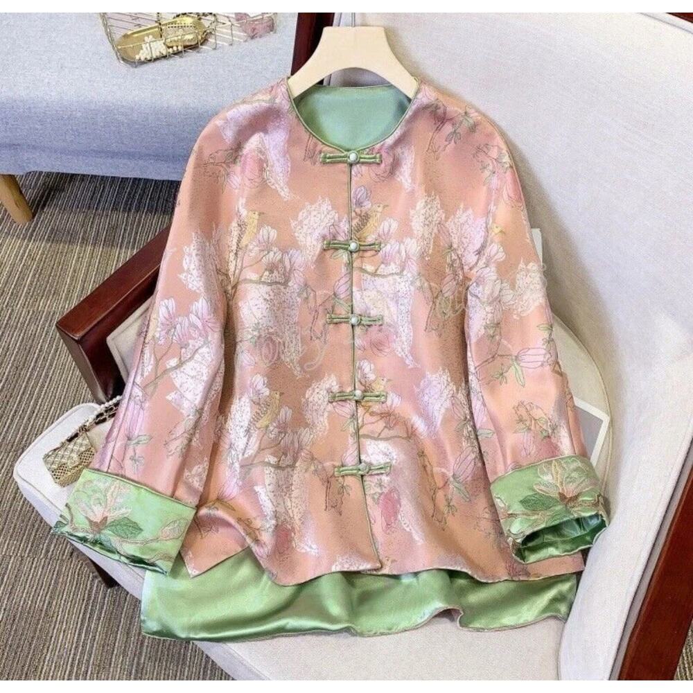 Vintage Pink Brocade Mandarin Jacket with Green Trim